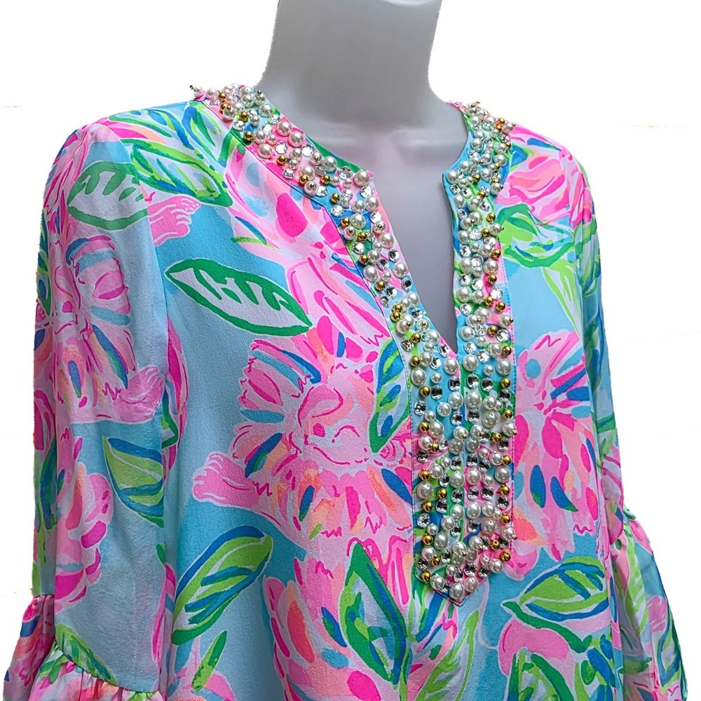 Lilly Pulitzer Elenora Silk Dress XS Beaded Floral Bell Sleeve Resort NWOT‎